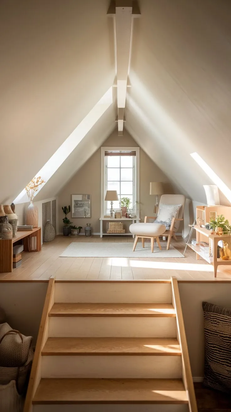 The inviting atmosphere of this attic, with its neatly arranged furniture and personal touches, makes the climb up the attic stairs feel like a journey into a world of comfort and creativity.