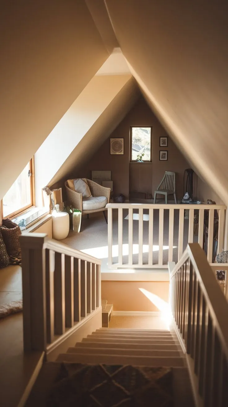 Sunlight spills through the dormer windows, painting the warm-toned walls of the attic in a golden glow, beckoning you up the artfully crafted stairs to a sanctuary where inspiration and tranquility intertwine.