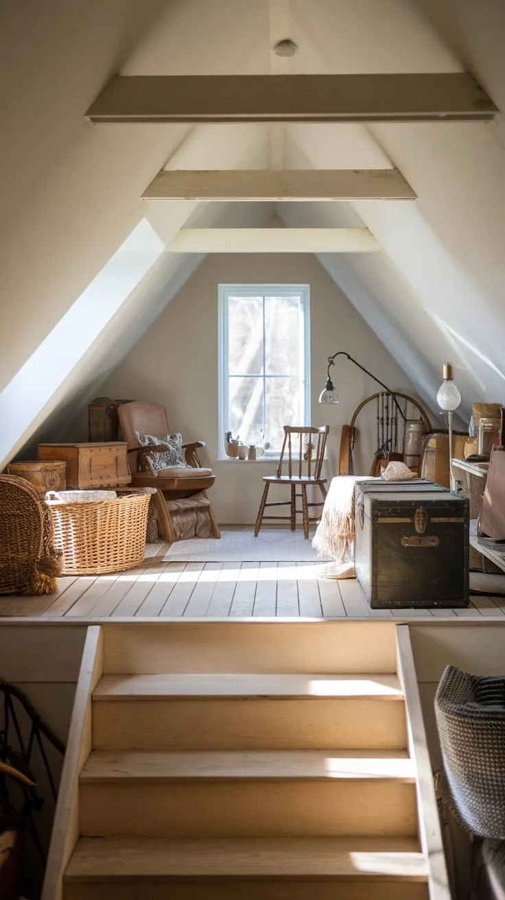 Dust motes dance in the sunbeams slicing through the attic's aged windows, illuminating a trove of vintage wonders bathed in comforting neutral hues, whispering promises of forgotten tales waiting to be unearthed just beyond the creaking attic stairs.