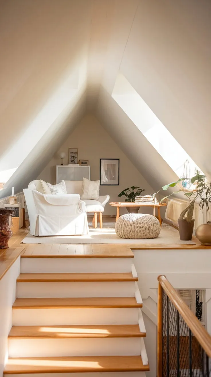 Ascend the quaint attic stairs and discover a haven bathed in warm light. The inviting atmosphere, with its thoughtfully placed furniture, wraps around you, creating the perfect space to unwind and unleash your inner muse.