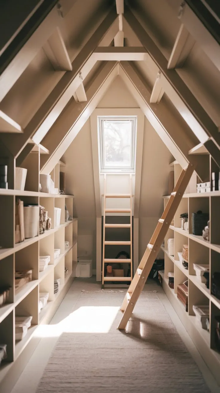Ascend the attic stairs, and you'll find yourself in a haven of tranquility. Here, light weaves a gentle tapestry, revealing a world of understated elegance and comforting, deliberate order.
