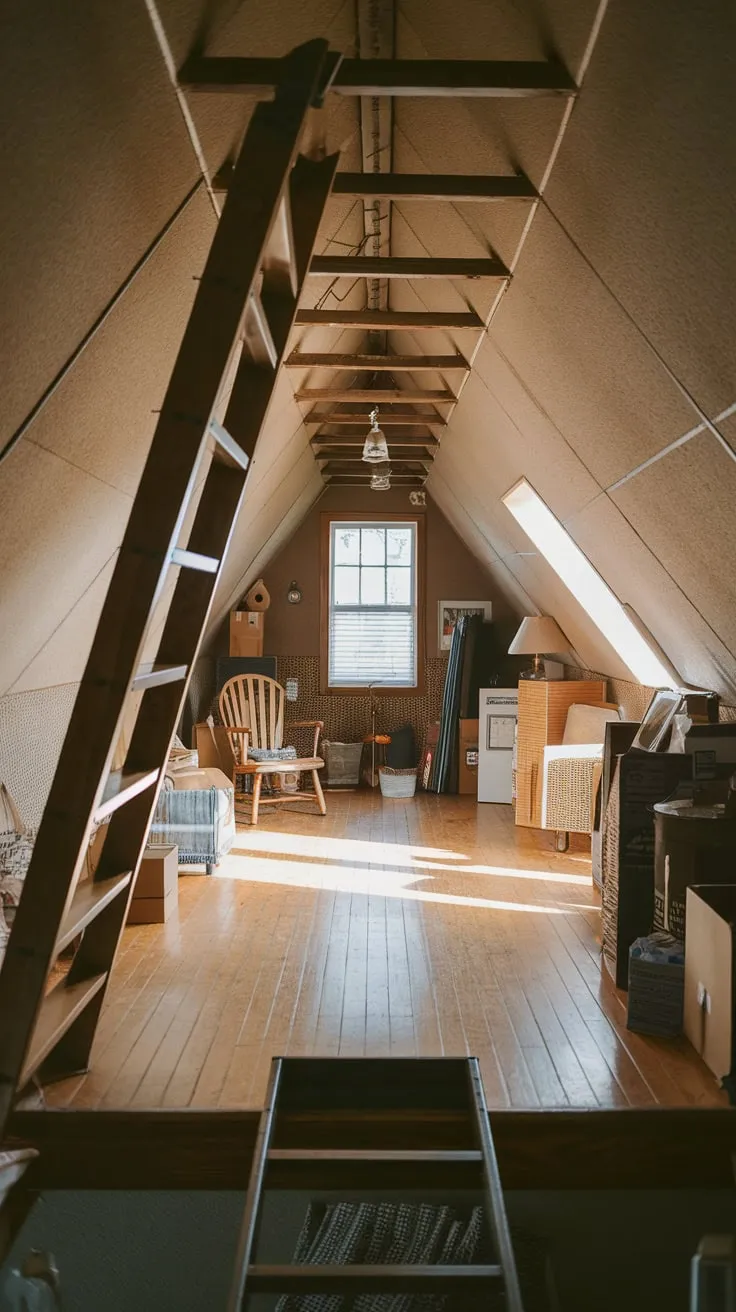 The scent of aged wood and forgotten things hangs heavy in the air, drawing you upward, each step on the worn stairs promising a glimpse into the past, a treasure trove of memories waiting to be rediscovered within the attic's welcoming embrace.