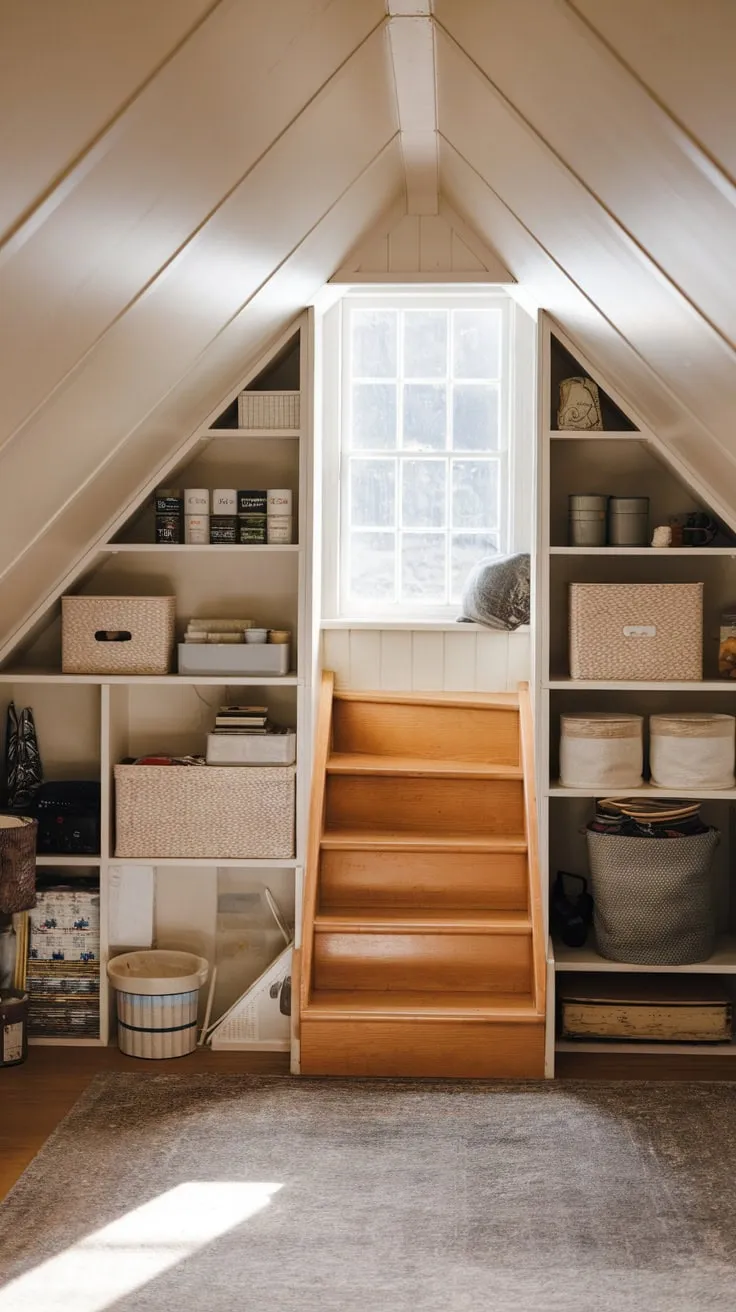 Dust motes dance in the golden light spilling down the attic stairs, a silent invitation to ascend into a sanctuary where cozy organization fuels your imagination and soothes your soul.