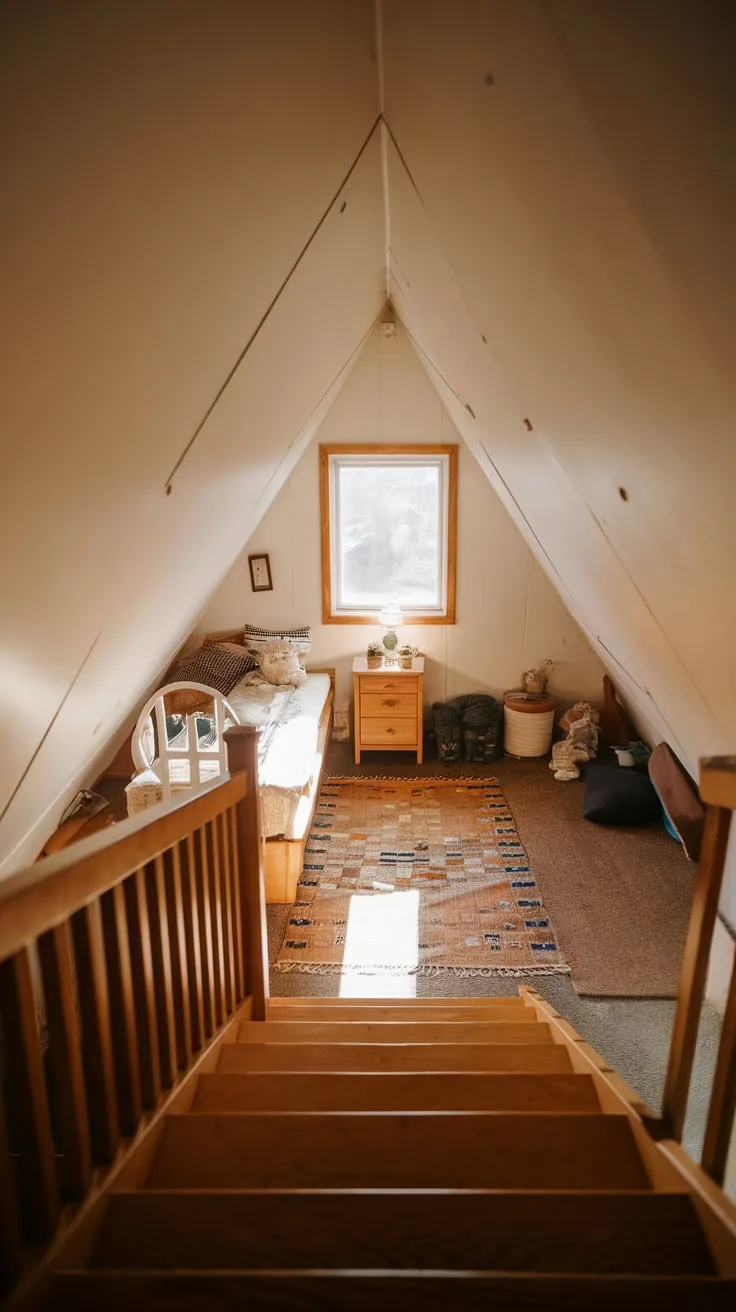 The attic air hums with a gentle invitation, drawing you up the aged wooden stairs to a sanctuary where plush furnishings and soft light conspire to create the perfect space for losing yourself in thought.