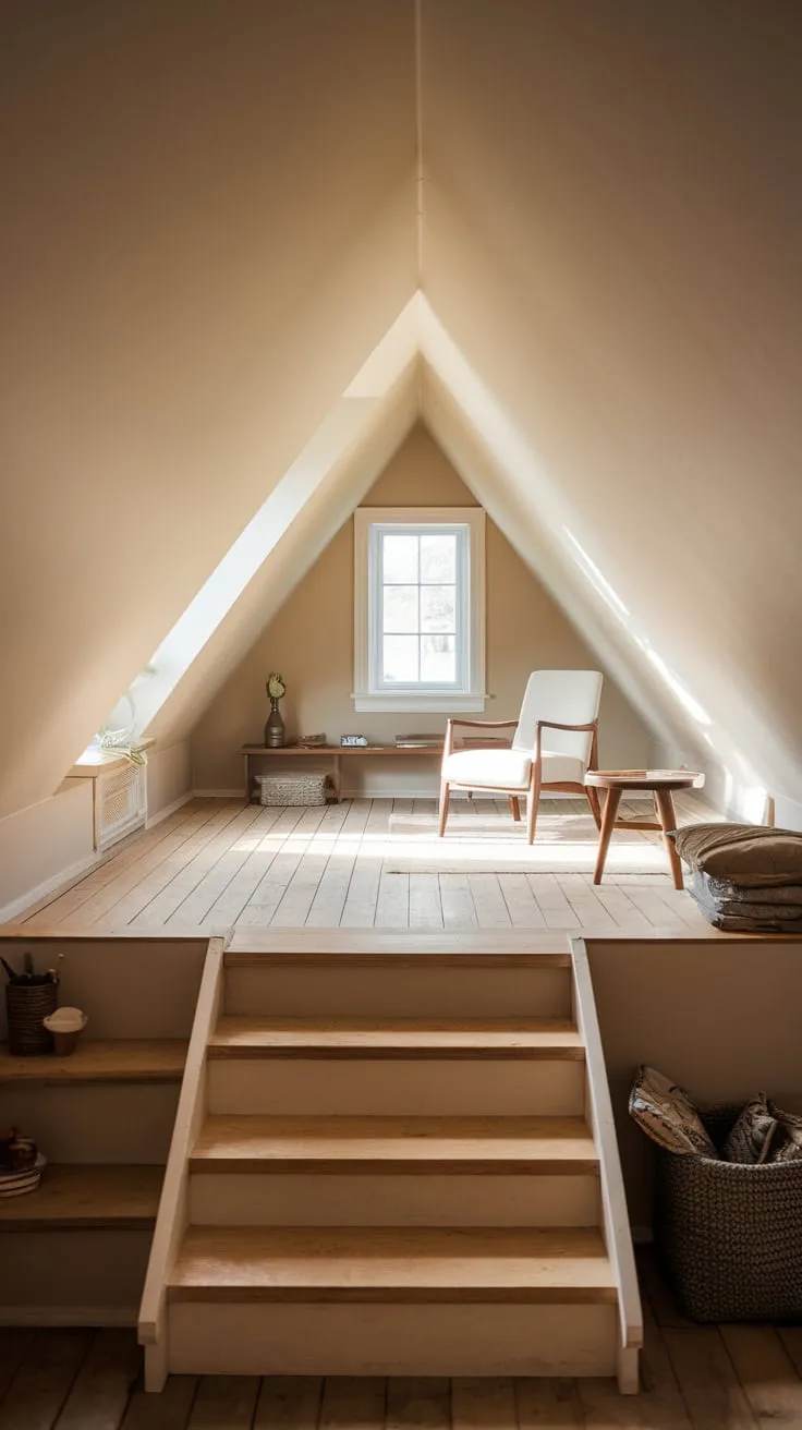 The charmingly crooked attic stairs lead you upward, anticipation building with each step, until you emerge into a space bathed in a warm, inviting glow, where thoughtfully placed furniture whispers promises of peaceful relaxation and the spark of creative genius.