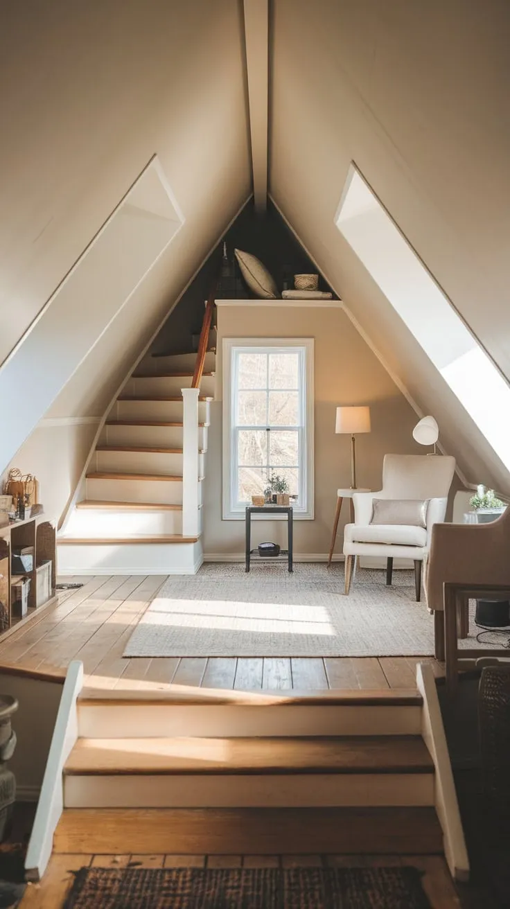 Ascend into the cozy attic, a haven accessible by not one, but two secret staircases. The inviting furniture beckons, promising a respite from the everyday. Here, surrounded by the gentle slant of the roof and the soft glow of the afternoon light, you'll find time itself seems to pause, allowing you to simply be.