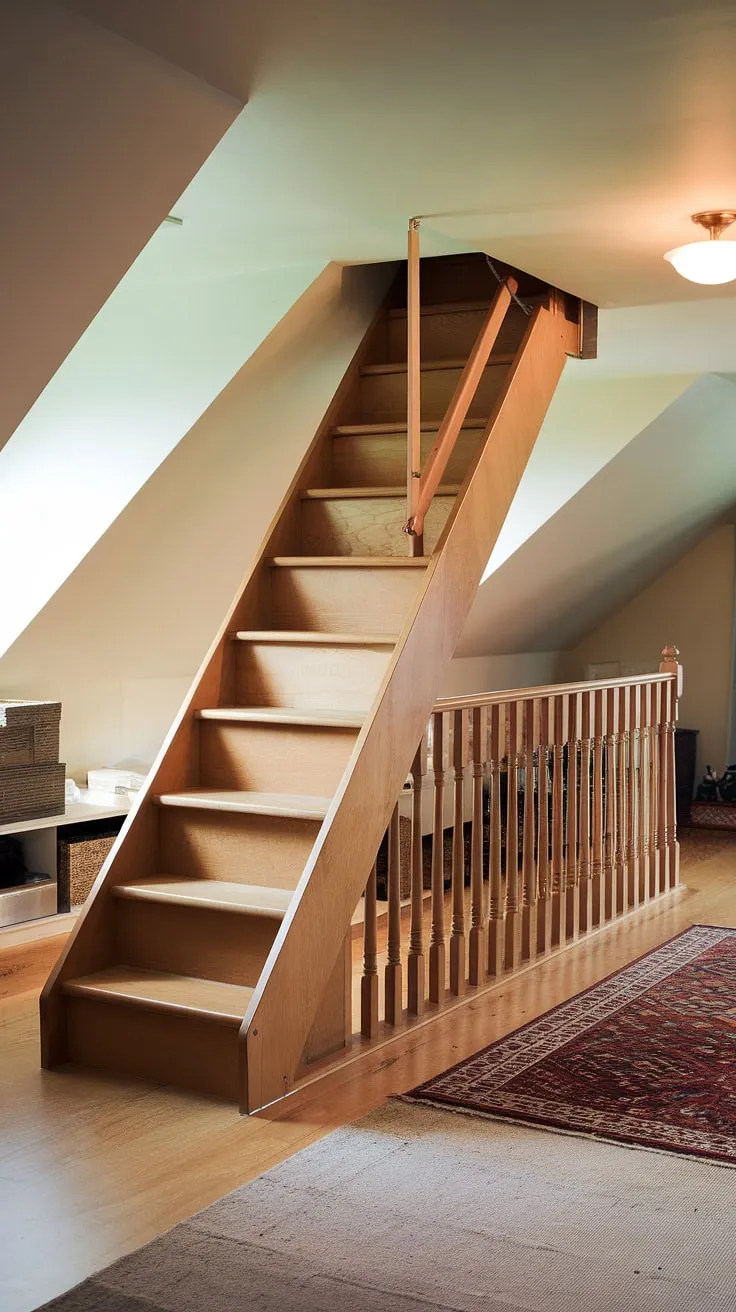 Discover the practicality and charm of these wooden attic stairs.  The pull-down attic stairs provide effortless attic access, showcasing a clever attic stair design that maximizes space.  This attic ladder, a prime example of space-saving attic stairs, ensures attic stair safety with its sturdy construction.  Whether you're considering attic stair installation or simply seeking attic stair solutions, this image highlights the beauty and functionality of retractable attic stairs and attic access stairs.  Explore the various options available, from wooden attic stairs to aluminum attic stairs, and find the perfect fit for your home.