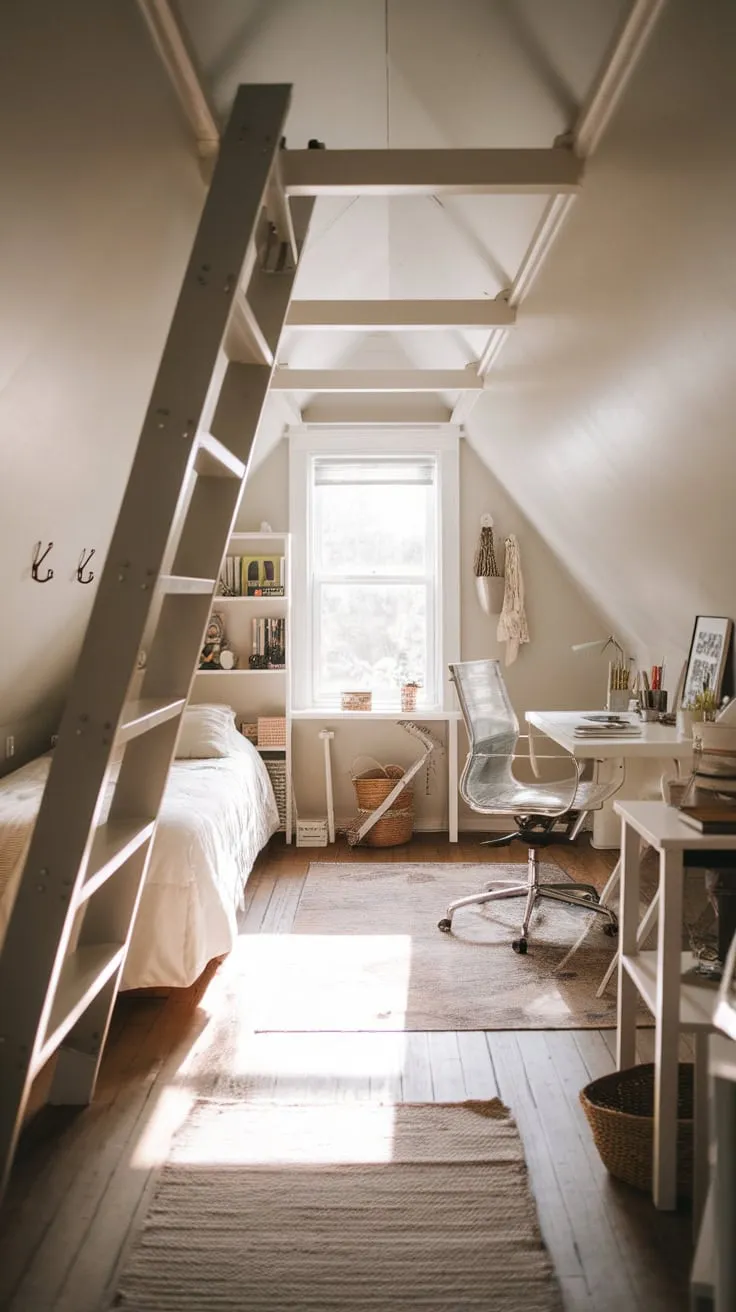 Ascend the attic stairs and discover a charming sanctuary, a testament to simple comfort. Neutral hues wash over the space, and each piece of furniture seems placed with intention, crafting an atmosphere that wraps you in a warm, inviting embrace.