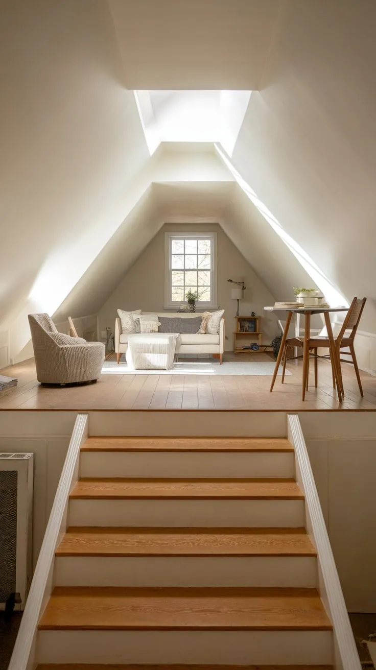 The steep climb to the attic melts away as you ascend, replaced by the anticipation of a serene escape; the neutral palette and thoughtfully placed furniture promise a tranquil haven far removed from the clamor of daily life.