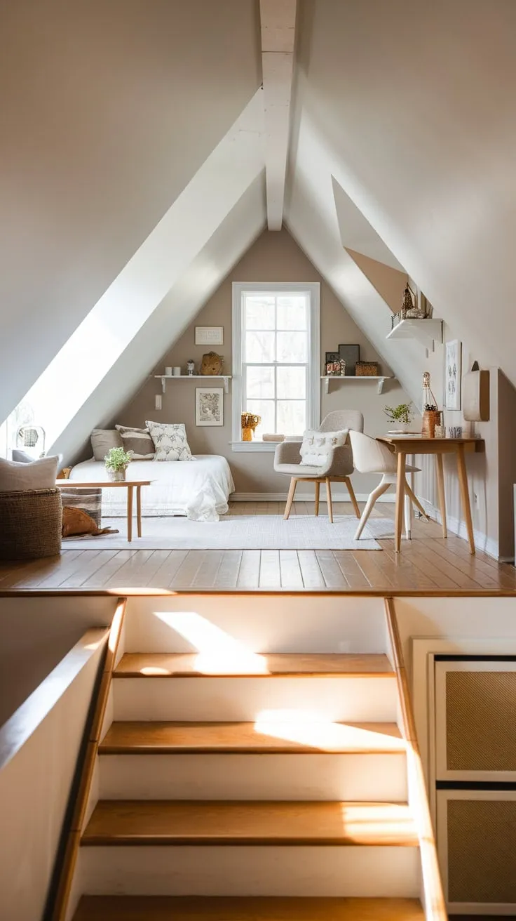The attic stairs lead to a beautifully curated retreat, where every piece of furniture and decoration harmonizes to create a serene and inviting space.