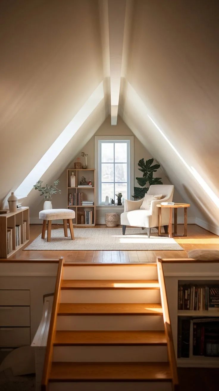 The attic stairs groan a welcome as you ascend, each step revealing more of the beautifully designed retreat above, where neutral tones whisper peace and soft lighting wraps you in a serene, inviting embrace.