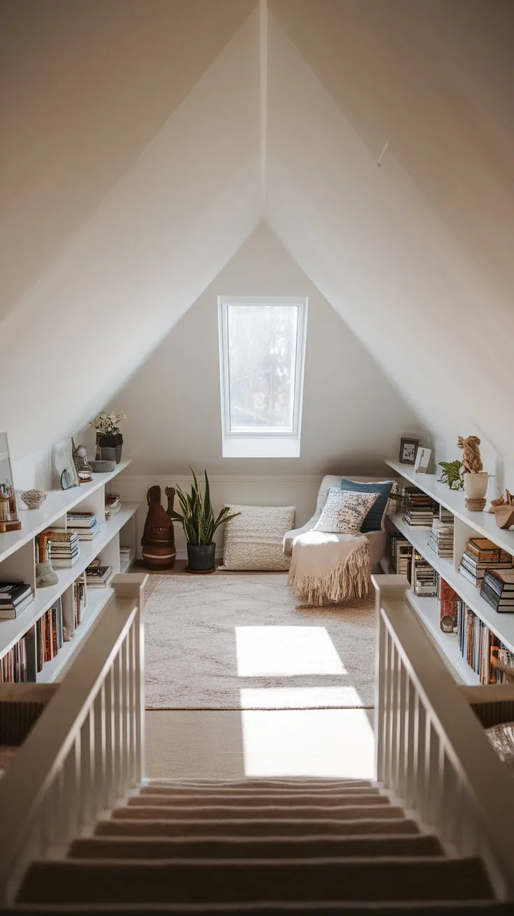 The attic whispers promises of forgotten stories and sun-drenched afternoons, its neatly aligned shelves and plush rug a siren song luring you up the creaking stairs to a haven of cozy charm and literary gold.