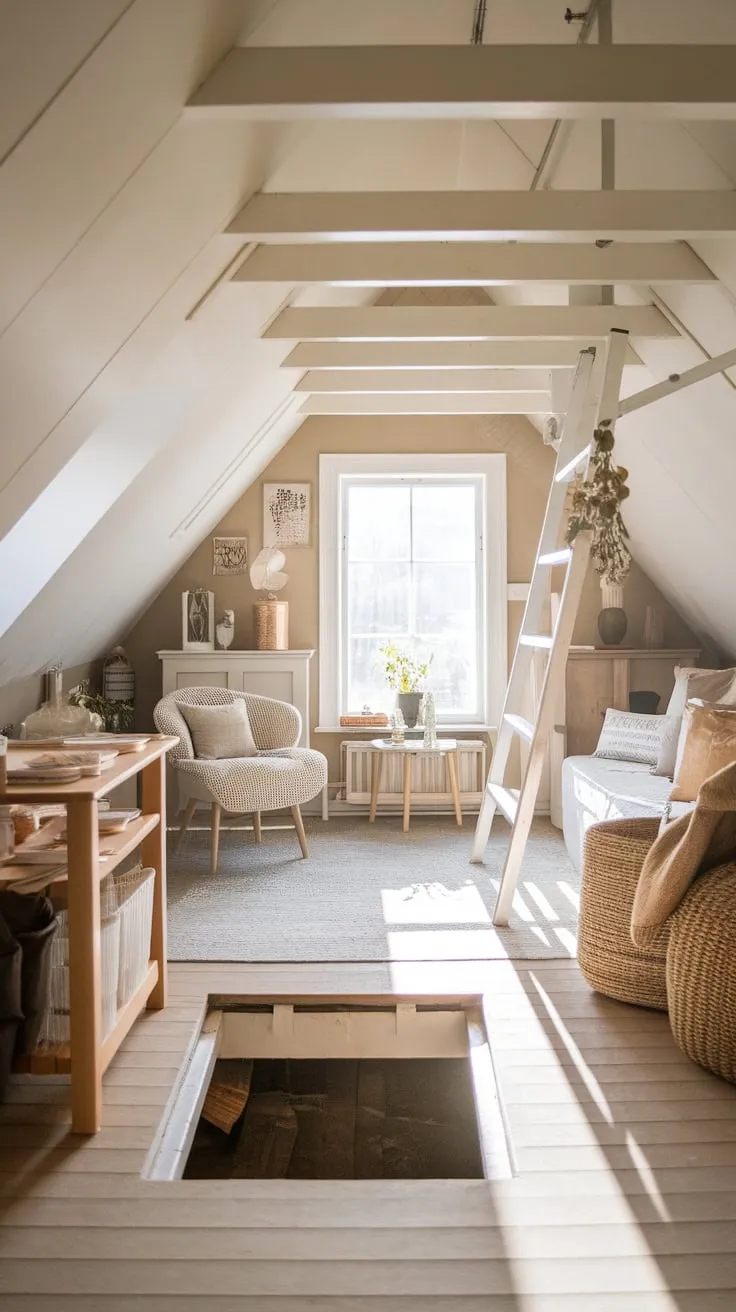 The steep climb to the attic rewards you with a breath of stillness; sunlight spills across polished furniture and thoughtfully placed treasures, beckoning you into a serene sanctuary far removed from the world below.