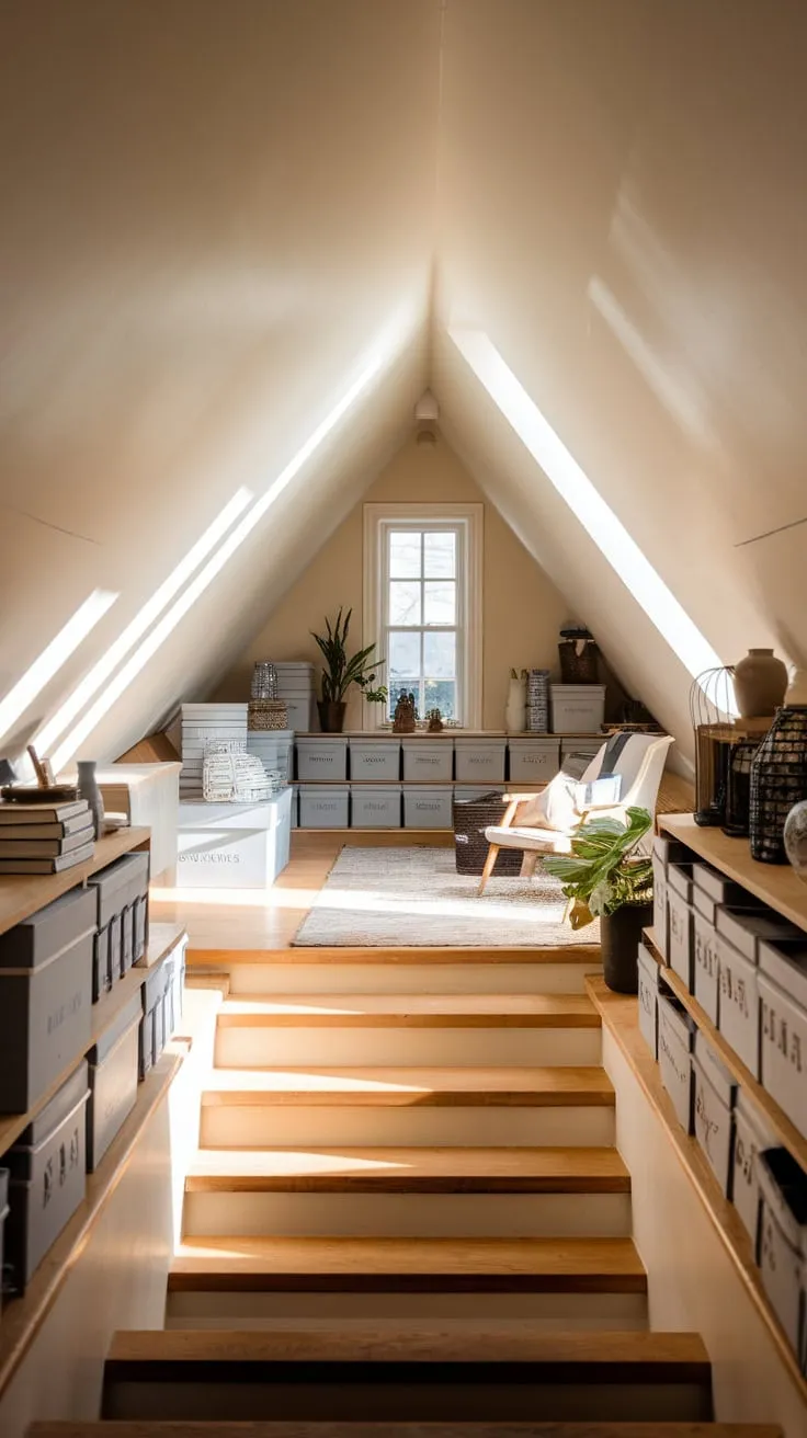The climb to the attic becomes less about dusty steps and more about anticipation, as the inviting glow spilling from above hints at the warmth and comfort nestled amongst the organized storage and carefully curated decor.