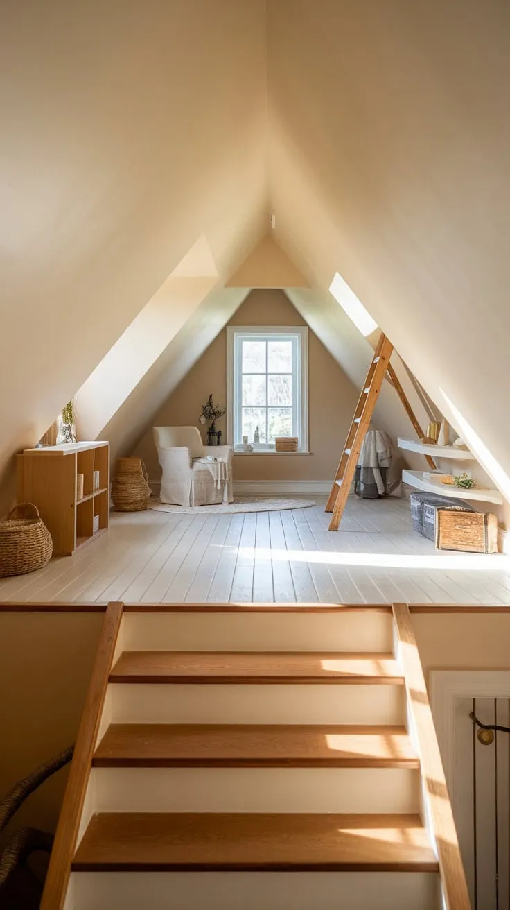 Ascend the charming attic stairs and discover a sanctuary bathed in warmth, where the inviting atmosphere and carefully curated furniture conspire to unlock your inner muse and melt away the world outside.