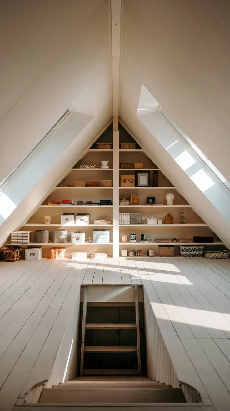 Dust motes dance in the sunbeams slicing through the attic's charmingly sloped ceiling, illuminating neatly arranged shelves that whisper promises of forgotten stories, urging you to ascend the stairs and uncover the secrets held within.
