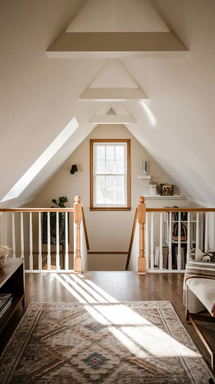 Imagine escaping to this beautifully designed attic, where the inviting staircase leads you to a sanctuary of warm, neutral tones – a perfect canvas for your relaxation and a fertile ground for your most imaginative ideas.