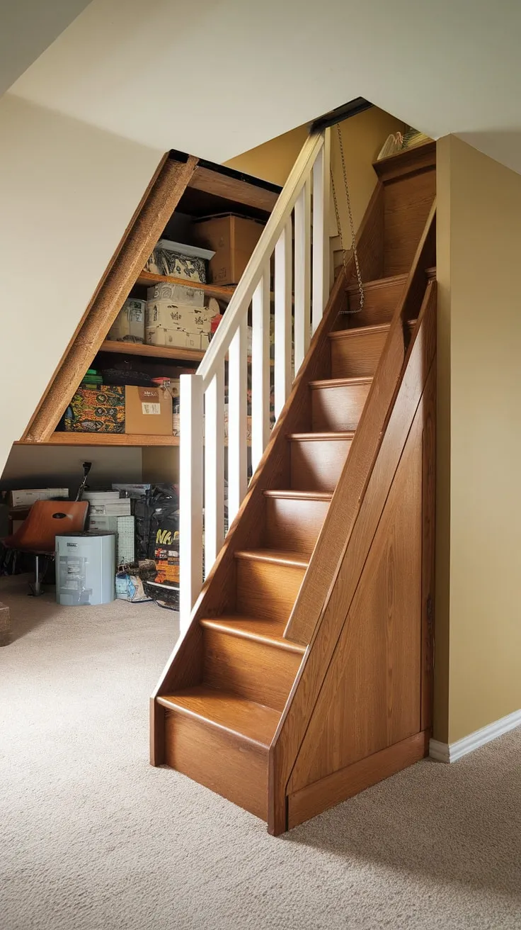 Neatly tucked away, these space-saving wooden attic stairs offer convenient attic access.  The pull-down attic stairs, a perfect example of smart attic stair design, provide safe and easy access to stored treasures, showcasing the benefits of a professional attic stair installation.  Consider the convenience and safety features of retractable attic stairs or attic ladder solutions like these when planning your attic stair solutions.  Aluminum attic stairs are also a popular choice, but the classic wooden attic stairs offer a timeless appeal.  This folding attic stairs system is a testament to efficient attic stair design and attic stairway solutions.