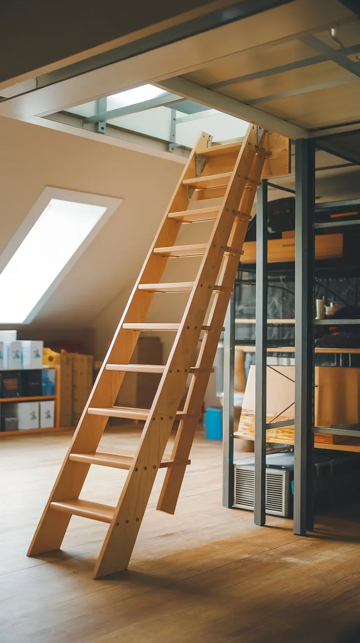 These folding attic stairs, a marvel of attic stair design, transform unused attic space into easily accessible storage.  The smooth operation of these retractable attic stairs, part of a complete attic stair installation, makes accessing your attic simple and safe.  Choose from our range of attic access stairs, including wooden attic stairs and aluminum attic stairs, to find the perfect fit for your home.  Our space-saving attic stairs and attic stair kits offer superior quality and attic stair safety, ensuring years of reliable service.  The attic's well-lit interior highlights the superior craftsmanship of these pull-down attic stairs.