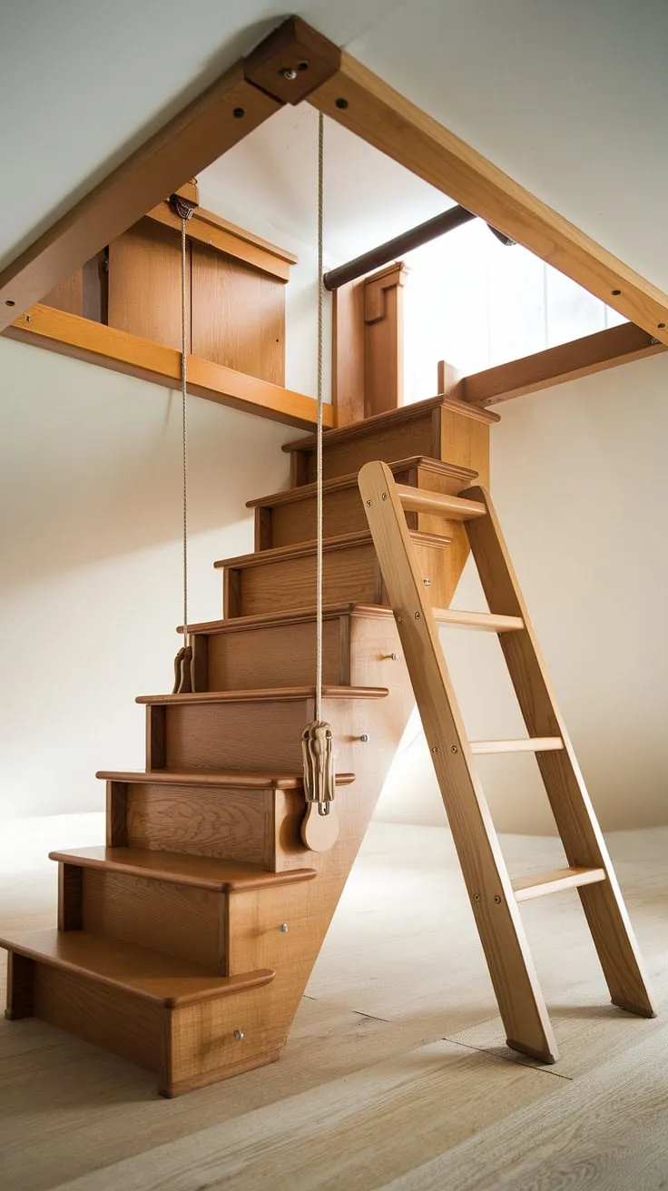 Unveiling the secrets of the attic has never been easier or more elegant.  These wooden folding attic stairs, a testament to classic attic stair design, offer a space-saving solution for attic access.  The pull-down attic stairs, complete with a reliable rope and pulley system, ensure smooth and safe attic stair installation.  Consider this a superior attic stair solution, combining functionality with timeless appeal.  For those seeking retractable attic stairs or attic ladder alternatives, this wooden attic stair kit provides a durable and aesthetically pleasing choice, prioritizing attic stair safety and effortless attic stairway access.  Aluminum attic stairs may be more modern, but these wooden attic stairs offer unmatched charm and lasting quality.