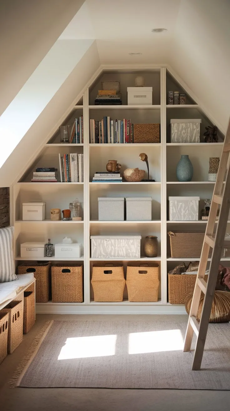Step into the attic, and you're not met with dusty boxes and forgotten relics, but a meticulously curated haven where sunlight dances across neatly arranged shelves and thoughtfully chosen decor whispers of cozy afternoons spent lost in a good book.