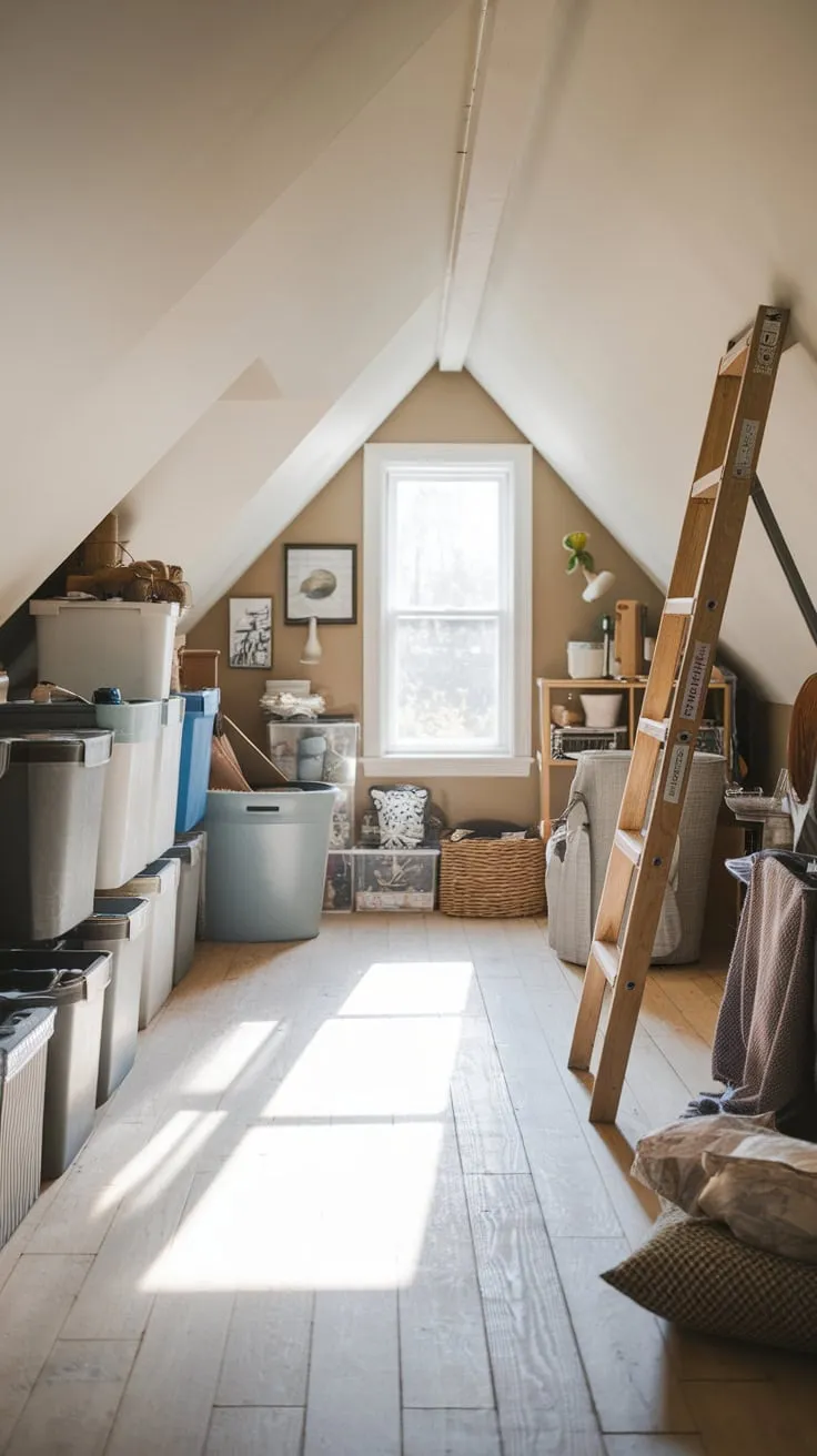 The attic beckons, its serene, neutral tones and clever organization hinting at both practical solutions and a surprisingly inviting, warm atmosphere just waiting for you to discover.