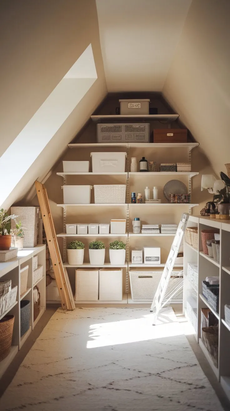 The attic beckons, a secret sanctuary where forgotten stories reside. You're drawn in by the promise of discovery, each neatly arranged item hinting at a past life, all nestled within a calming, neutral-toned space that feels both functional and surprisingly inviting.