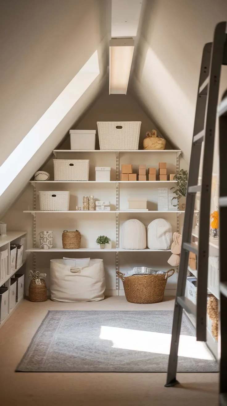 This well organized attic storage space invites you to explore its charming array of treasures, perfectly blending functionality with a warm, inviting atmosphere.