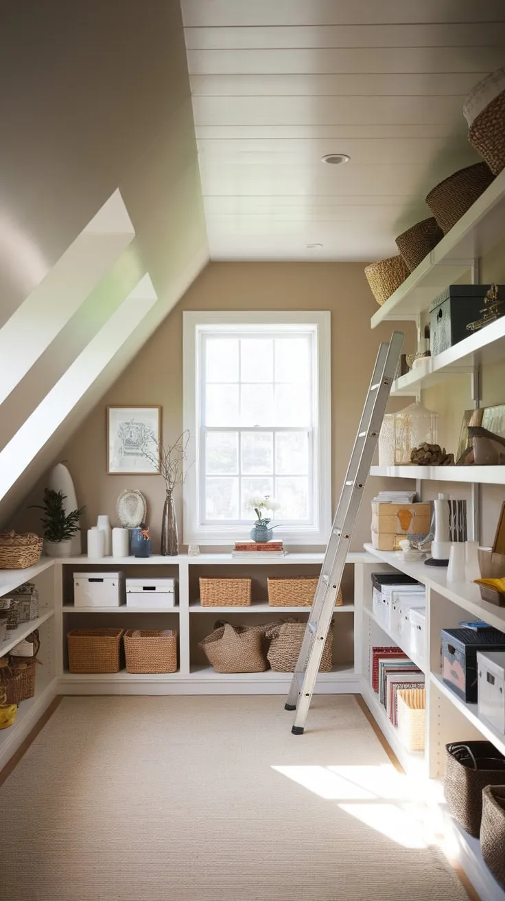 Step into your attic, now a haven where practicality dances with delightful aesthetics. Here, functionality and charm waltz in perfect harmony, creating an ideal sanctuary for your most treasured possessions, neatly tucked away and waiting to be rediscovered.