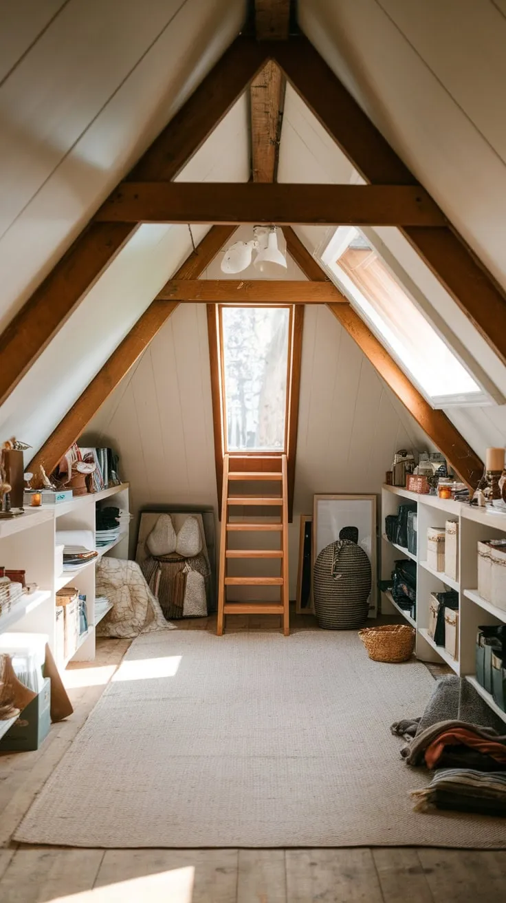 Imagine stepping into this attic – a charming hideaway where rustic wooden beams whisper stories of the past, and thoughtfully arranged shelves beckon you to organize your treasures. Here, functionality dances with warmth, creating a storage space that feels less like a chore and more like a cozy retreat.