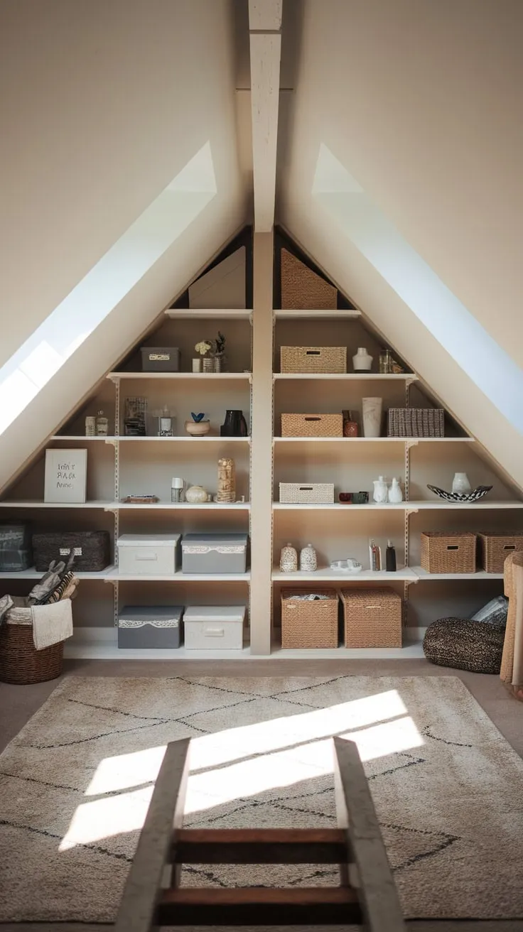 Ascend to the attic, a haven where neatly organized storage sparks a surge of creativity, demonstrating how even the most utilitarian spaces can be reimagined as a welcoming sanctuary brimming with possibility.
