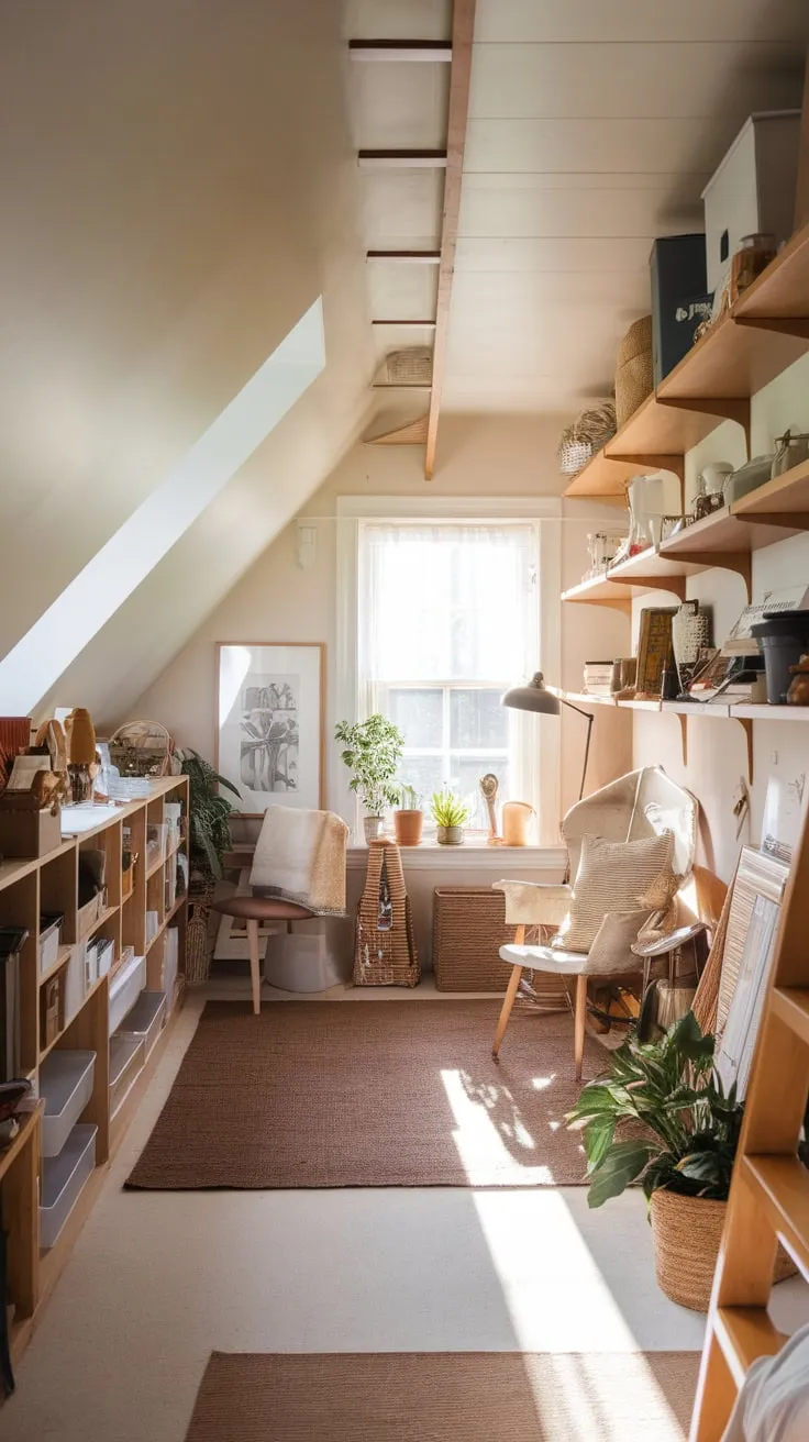 This well organized attic storage space invites creativity and inspiration, showcasing the perfect blend of functionality and warmth in a cozy retreat.