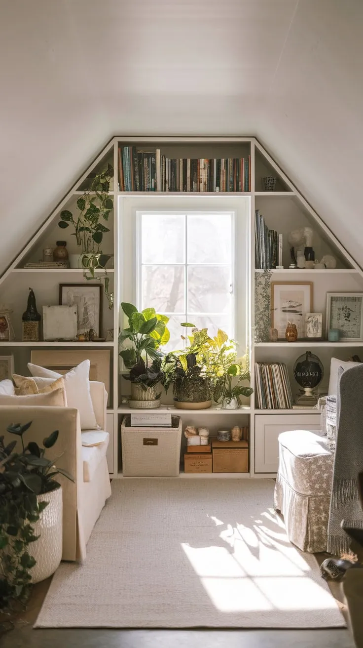 The attic unfolds before you, a meticulously organized expanse where creativity blossoms amidst the calming embrace of neutral tones and delightful accents, beckoning you to lose yourself in its seamless blend of comfort and practical design.
