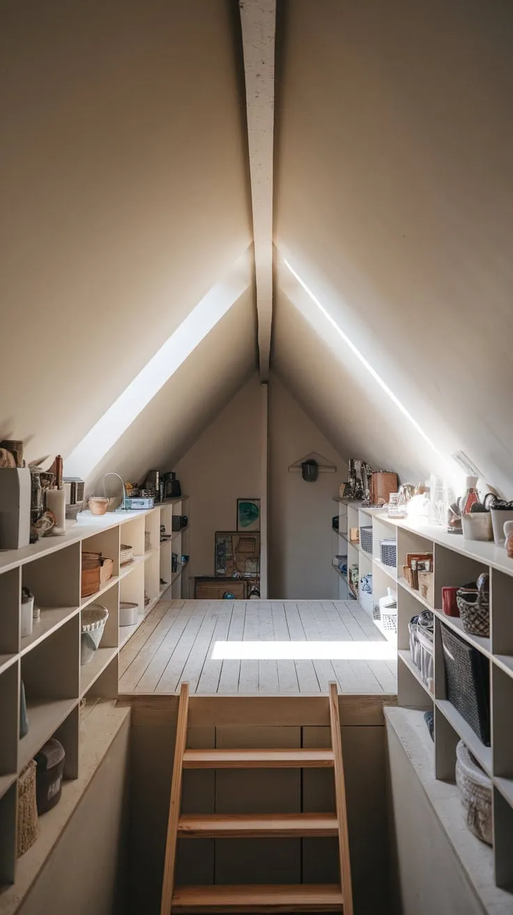 The scent of aged wood and forgotten things hangs in the air as you ascend into the attic. Sunlight paints the organized shelves in a golden glow, beckoning you to delve into the past. A sense of peaceful anticipation settles over you, a silent promise of hidden treasures and untold tales waiting to be unearthed within this tidy sanctuary.