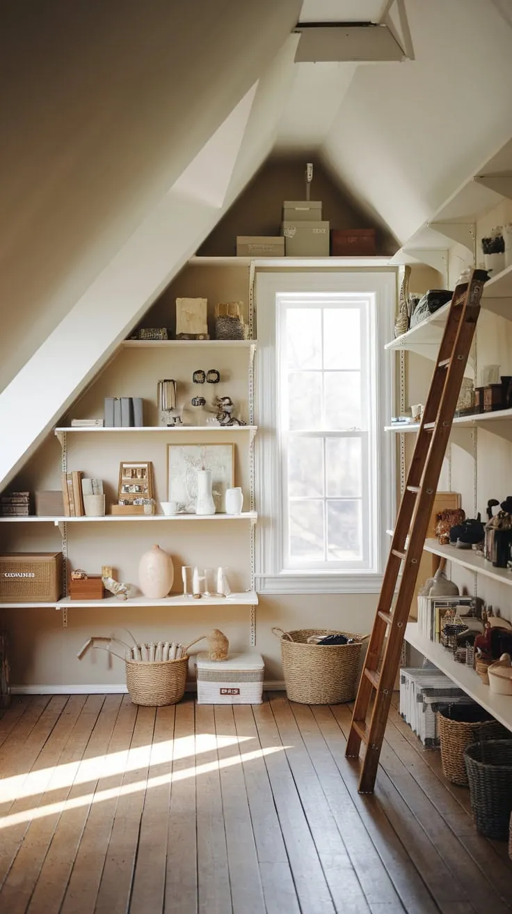 Sunlight streams through the attic window, painting the dust motes dancing in the air gold as you step into a haven of organized warmth, beckoning you to uncover the stories whispered by the neatly stacked relics lining the shelves.