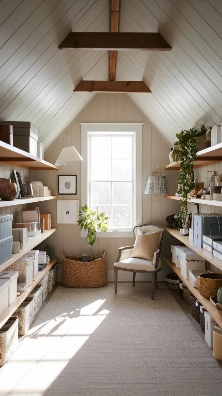 Lose yourself in the unexpected tranquility of this attic haven, where weathered wooden beams embrace you and meticulously organized shelves whisper stories under the gentle slope of the roof.