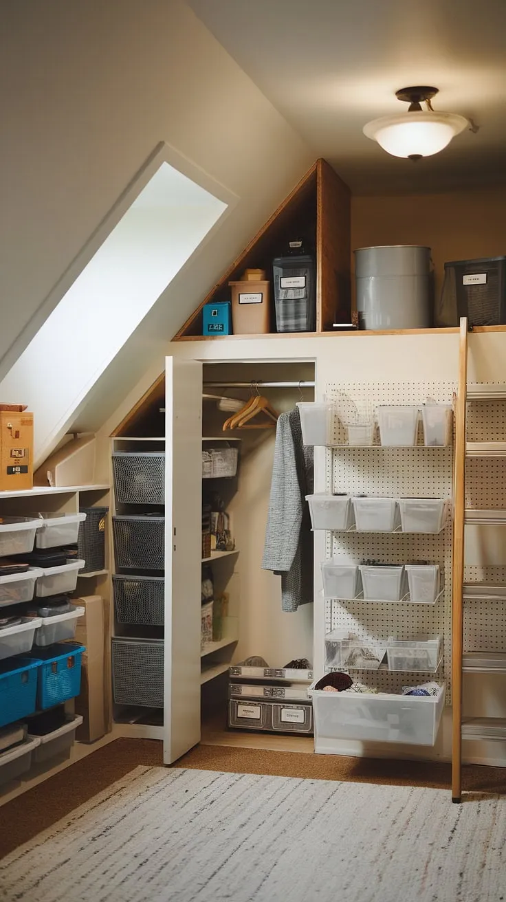 Unleash the potential of your attic with this inspiring attic organization solution.  From the custom attic closet nestled under the eaves to the ingenious use of knee wall storage and loft storage, every inch is utilized.  Neatly labeled shelves and a comfortable rug complete the transformation, proving that attic storage can be both practical and aesthetically pleasing.
