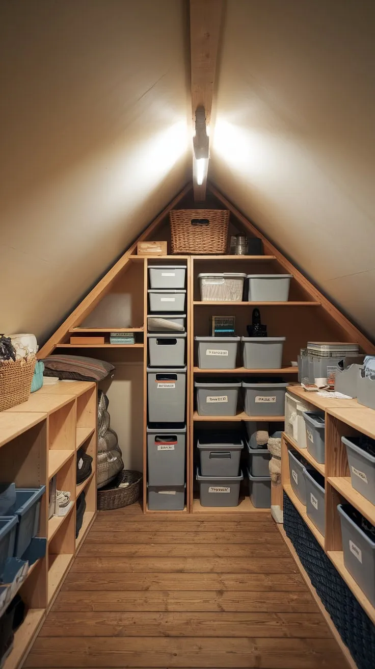 Maximize your space with clever attic storage solutions! This attic boasts eave storage, knee wall storage, and a spacious loft storage area, all organized with wooden shelves, bins, and clearly labeled storage labels for easy access.  Attic organization has never looked so good.