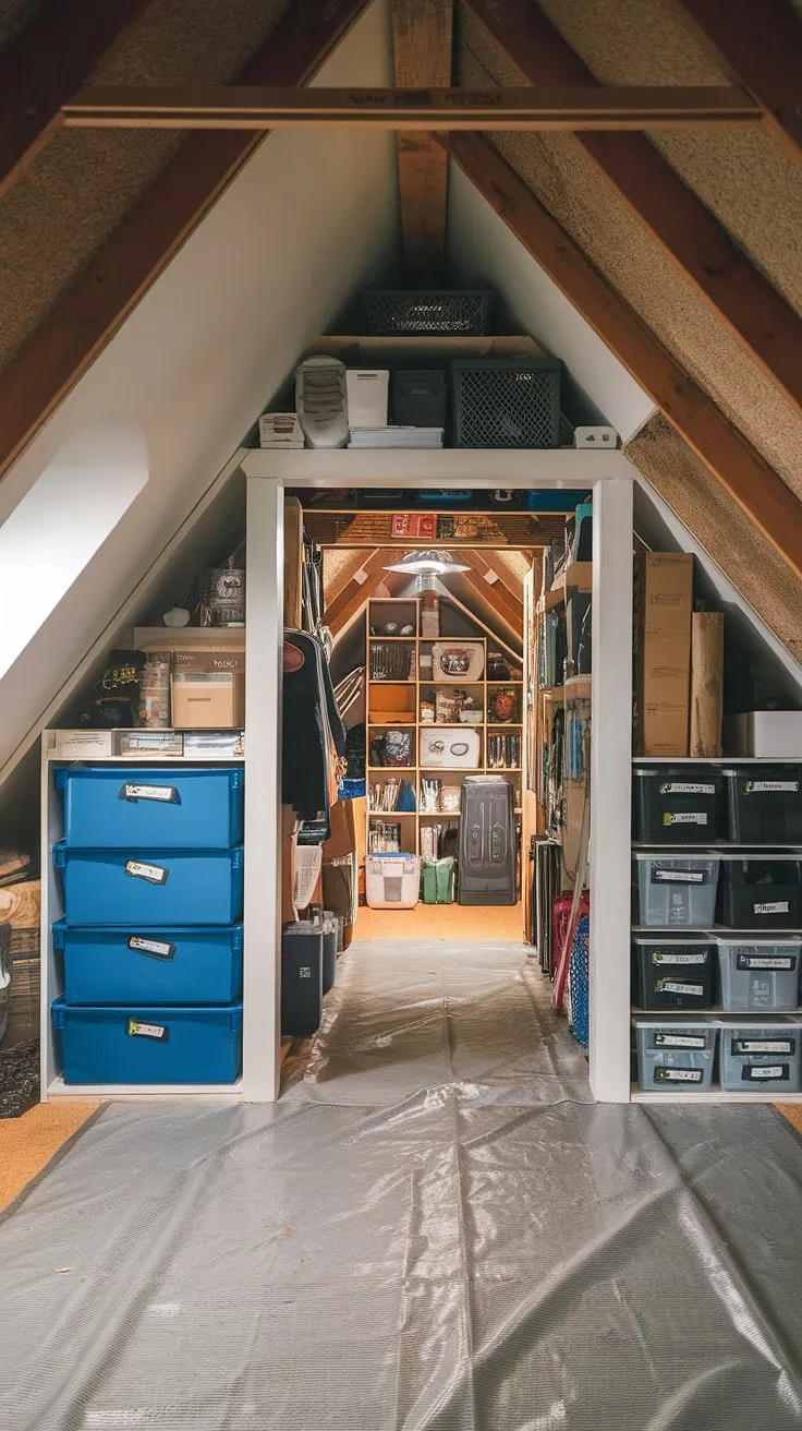 This attic transformation is a masterclass in attic organization!  Clever use of attic closet space, eave storage, and knee wall storage maximizes every inch.  The loft storage, complete with clear storage labels, keeps everything easily accessible.  A protective tarp on the floor ensures effortless cleaning.