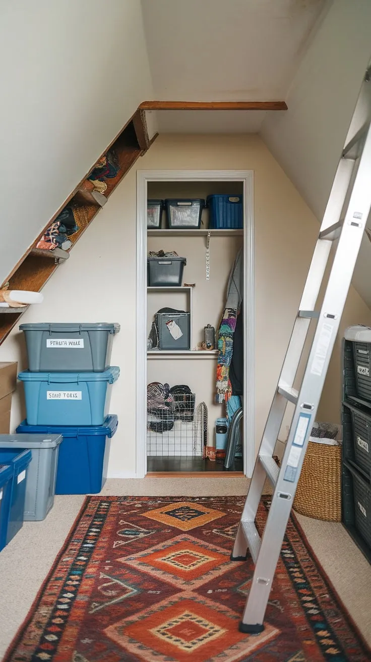 Unleash the potential of your attic with smart attic storage solutions.  This organized space utilizes every inch, from the attic closet and knee wall storage to the eave storage above.  Clear storage labels ensure effortless retrieval of stored items, making this loft storage area both functional and aesthetically pleasing.