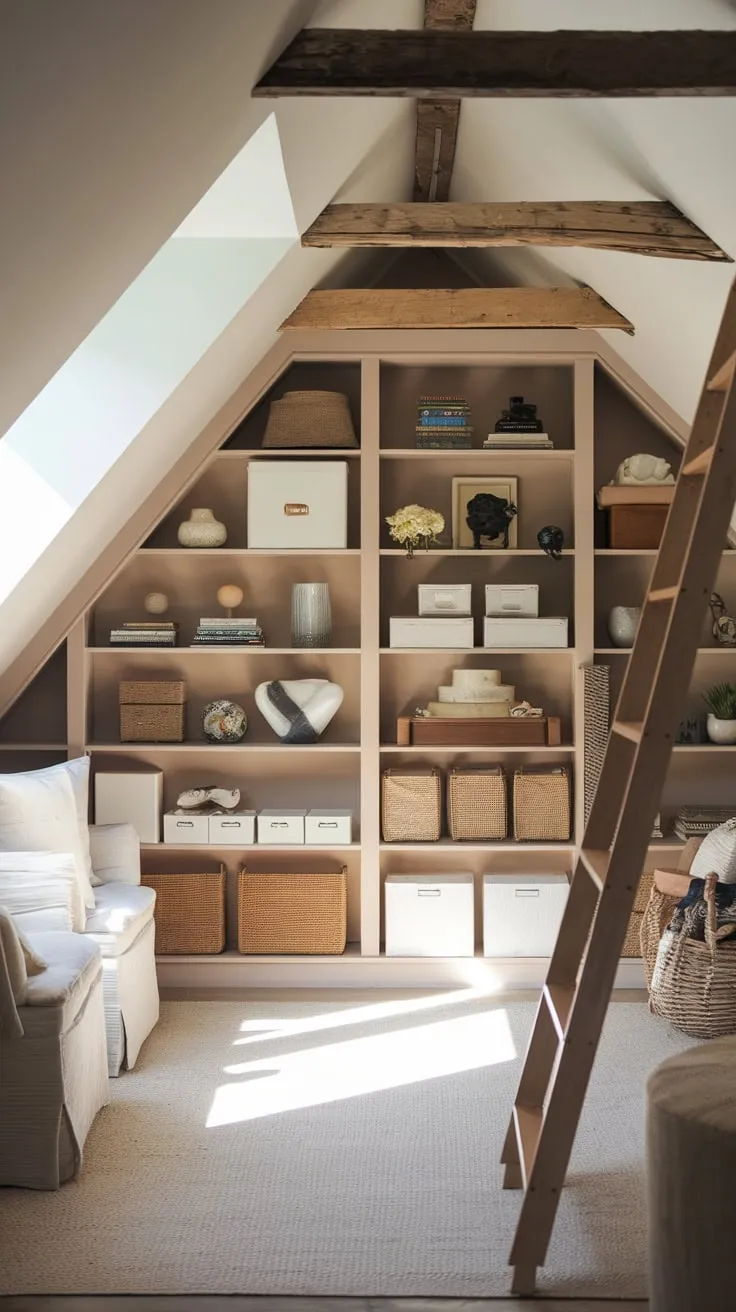 Step into the attic storage room, where exposed beams whisper tales of yesteryear, yet cleverly designed shelves stand ready to cradle your treasures, creating a haven that's both beautifully organized and irresistibly cozy.