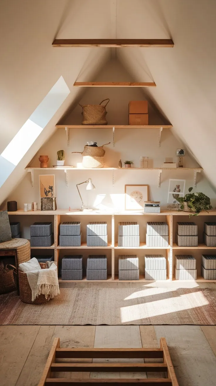 Imagine this: sunlight streams into your attic, illuminating a beautifully designed space where warmth and functionality intertwine, a testament to rustic charm effortlessly meeting organized simplicity.