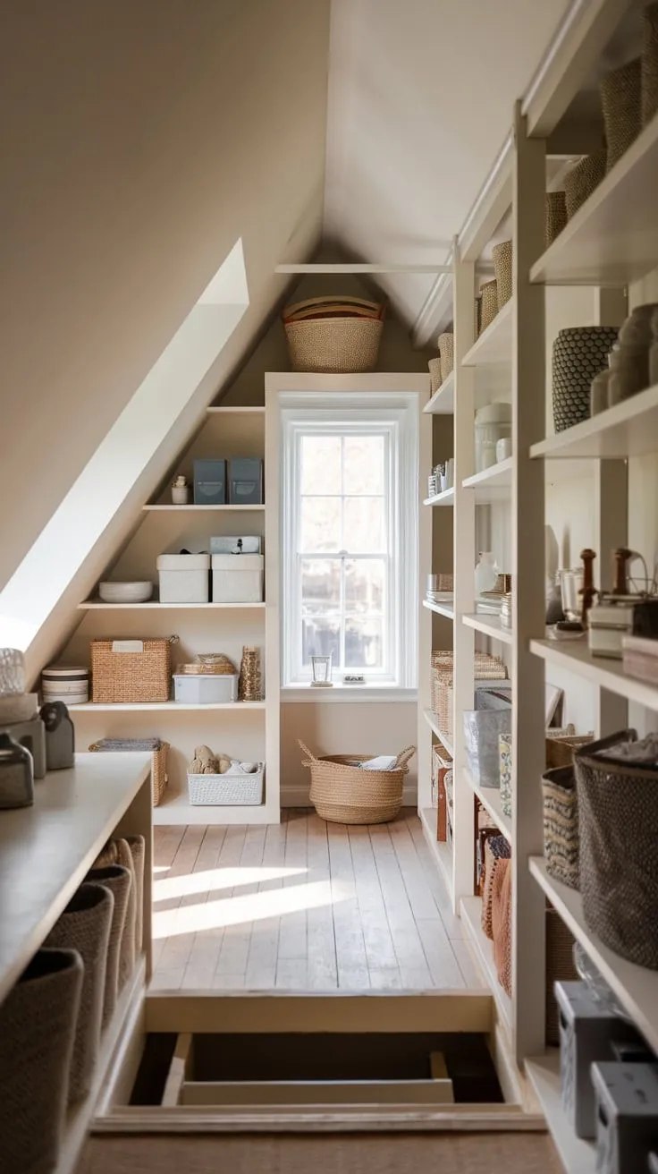 The attic unfolds before you, a haven of organized bliss where each shelf is a carefully curated invitation to create, the warm wood underfoot grounding you as inspiration sparks in the air, a testament to the room's seamless marriage of practicality and undeniable allure.