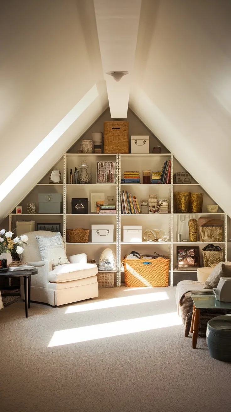 Ascend into the attic, and you'll find more than just storage; a plush chair awaits, nestled amongst meticulously organized shelves, transforming the space into a tranquil haven where every item hums with untold narratives, a personal escape crafted just for you.