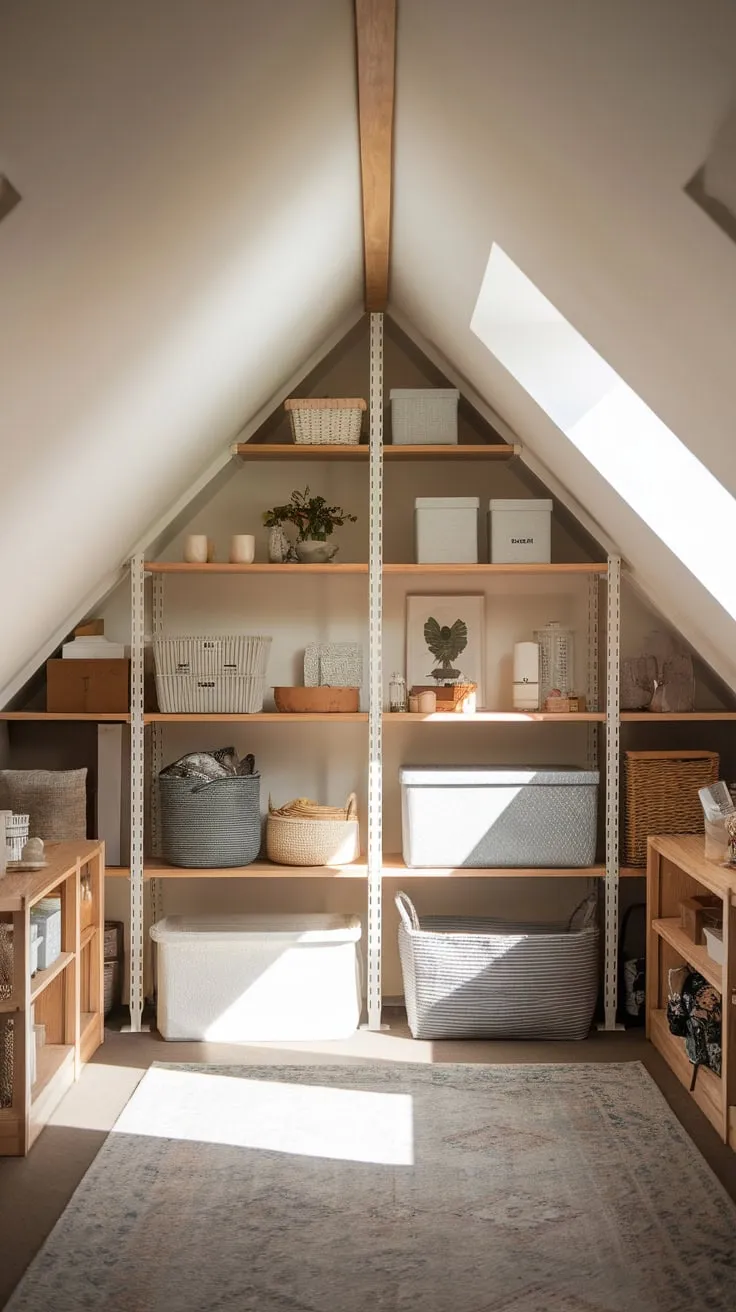 This beautifully organized attic storage room invites you to explore its charming array of carefully curated items, showcasing the perfect blend of functionality and warmth.