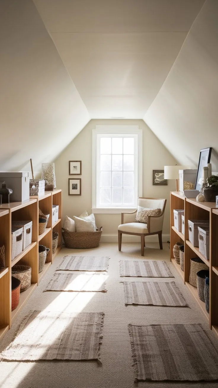Step into the attic, where the meticulously arranged storage transforms into a haven of possibility, its neutral palette and carefully chosen accents sparking your imagination and whispering promises of both order and delight.