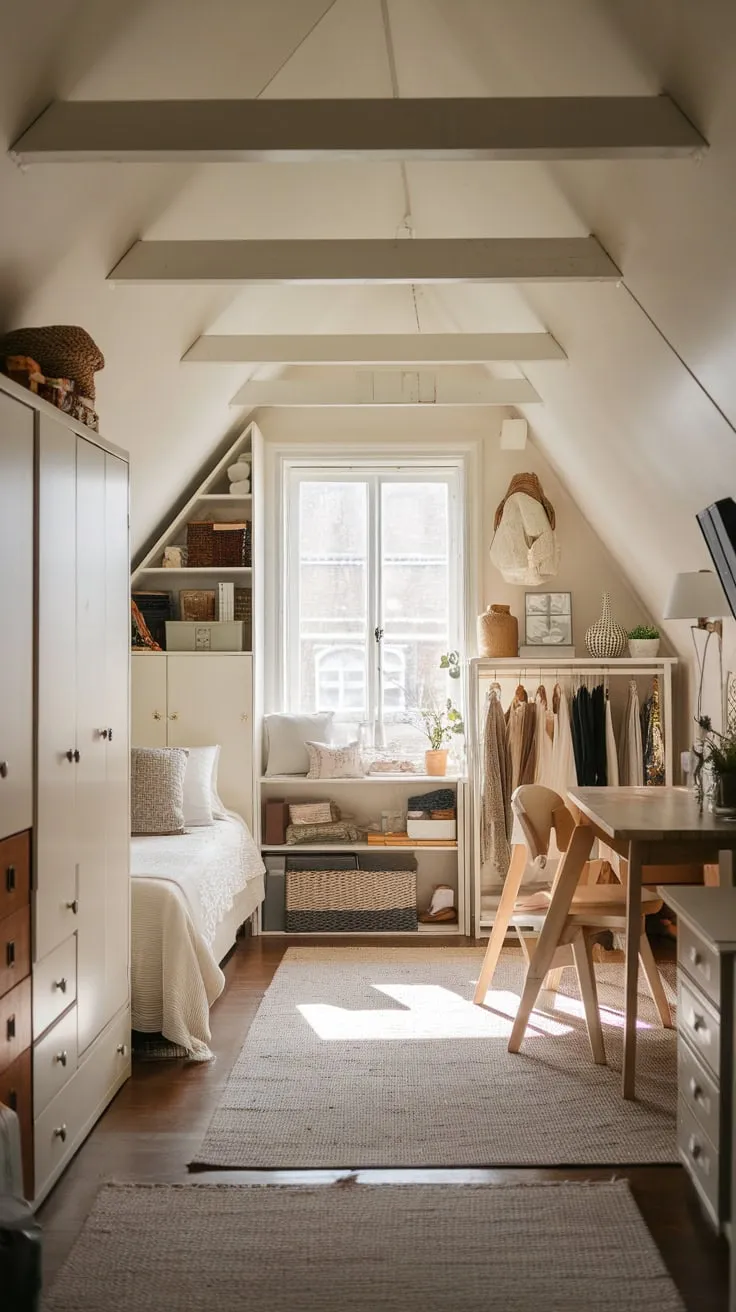 Step into your attic, now reborn as a tranquil haven. Once a repository for forgotten relics, it's now a serene retreat where neutral hues dance across stylish furniture and decor, proving that even the most functional space can be breathtakingly beautiful.