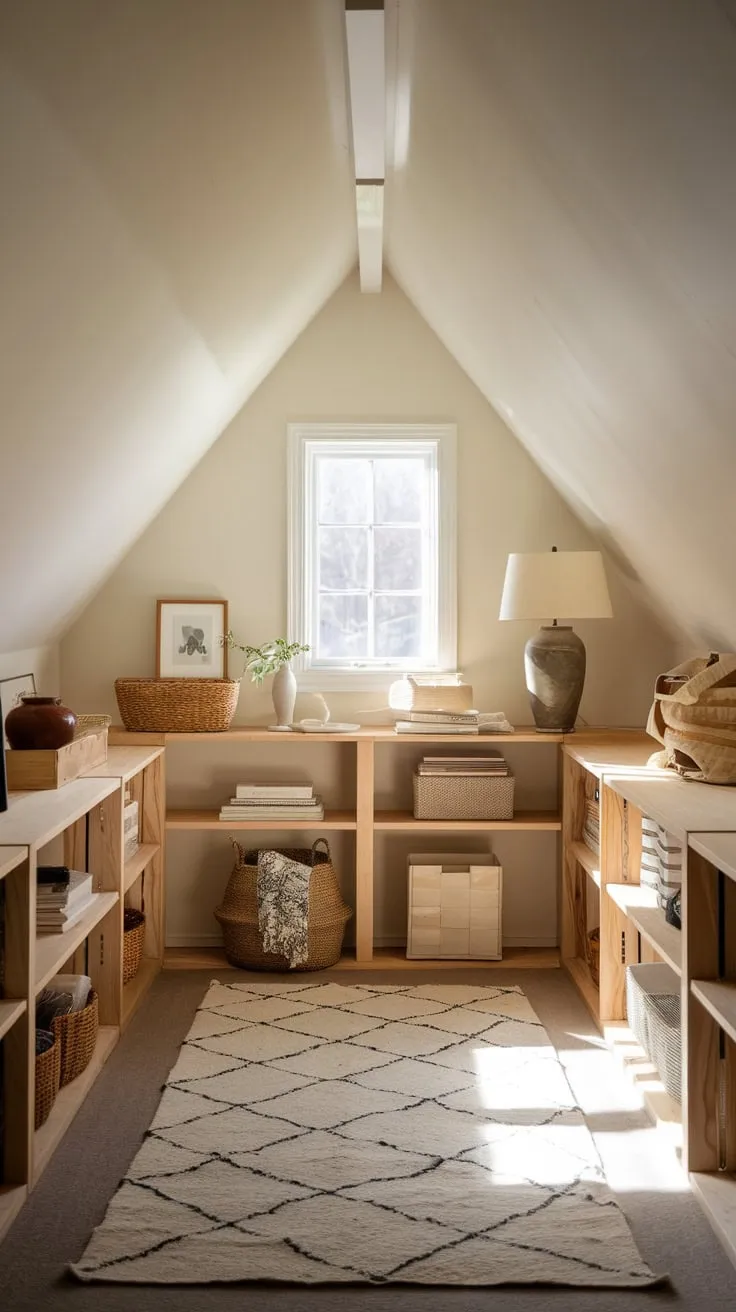 Step into your attic, now a haven where meticulously arranged shelves meet the comforting glow of repurposed lighting, transforming the space into an inviting sanctuary for both stowing away seasonal decorations and rediscovering forgotten treasures.
