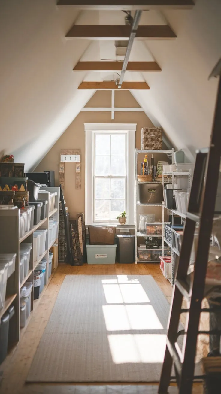 Stepping into the attic, you're met not with the usual chaotic jumble, but a haven of calm; neutral hues wash over meticulously arranged shelves, bins, and boxes, transforming what's typically a cluttered abyss into a serene and surprisingly functional escape.