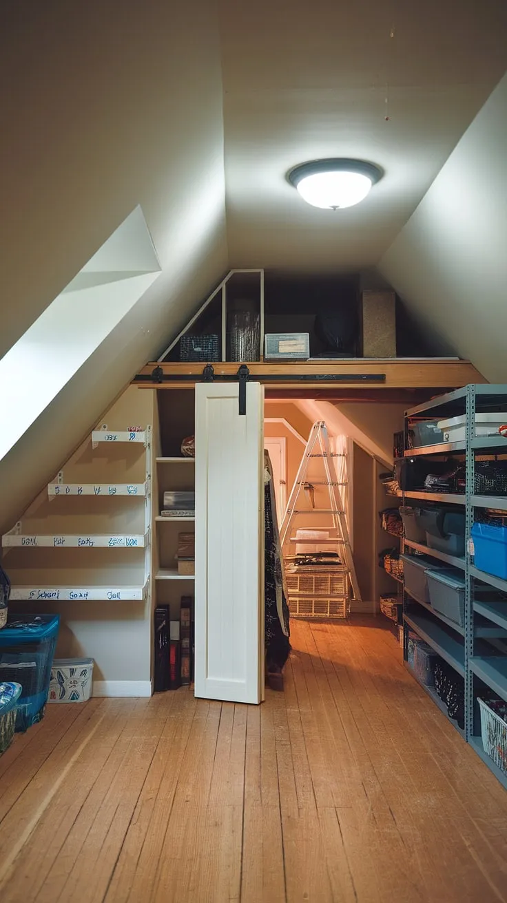Maximize your space with clever attic storage solutions!  This attic boasts an organized attic closet tucked under the eaves, practical knee wall storage with clearly labeled shelves, and even loft storage accessible via a pull-down ladder.  Efficient attic organization at its finest.